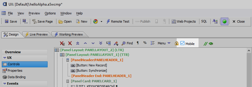UX Builder toolbar's 'Mobile' checkbox